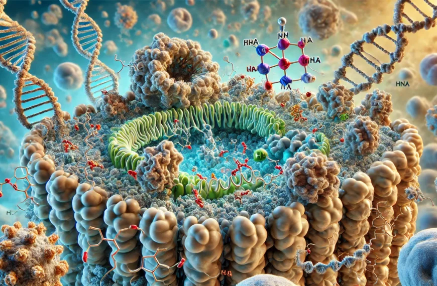 The ribosome is depicted here hard at work, indicating its various subunits, RNA and proteins interacting with mRNA and tRNA, all occurring within a cellular milieu as protein synthesis takes place.