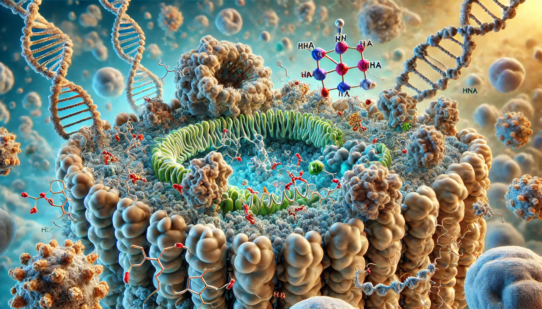 The ribosome is depicted here hard at work, indicating its various subunits, RNA and proteins interacting with mRNA and tRNA, all occurring within a cellular milieu as protein synthesis takes place.