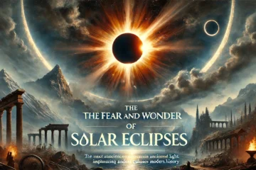 An illustration of a solar eclipse with people from different eras – ancient civilizations, medieval times, and modern-day observers – reacting with a mix of fear, awe, and wonder. The text 'The Fear and Wonder of Solar Eclipses' is displayed prominently