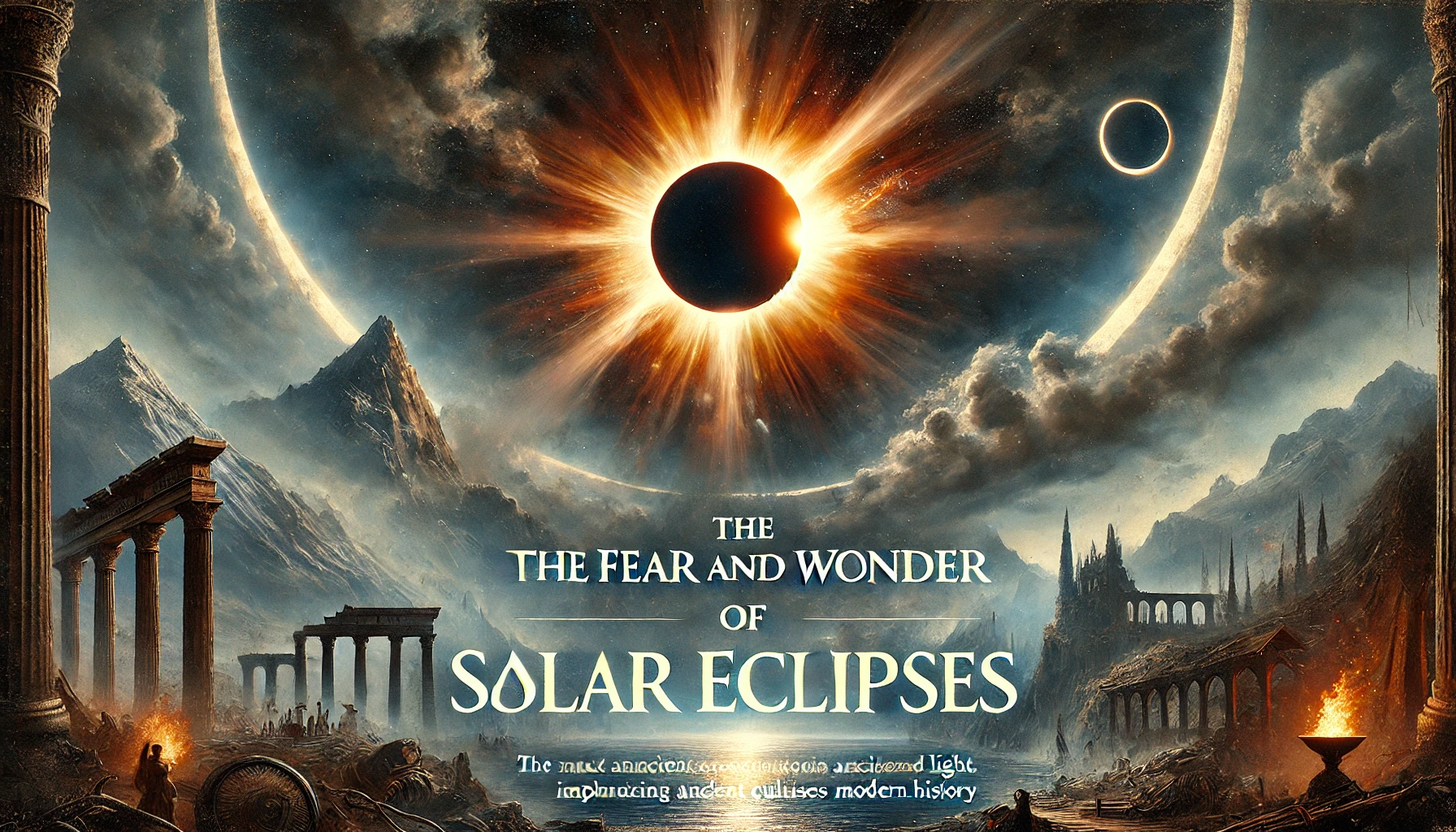 An illustration of a solar eclipse with people from different eras – ancient civilizations, medieval times, and modern-day observers – reacting with a mix of fear, awe, and wonder. The text 'The Fear and Wonder of Solar Eclipses' is displayed prominently