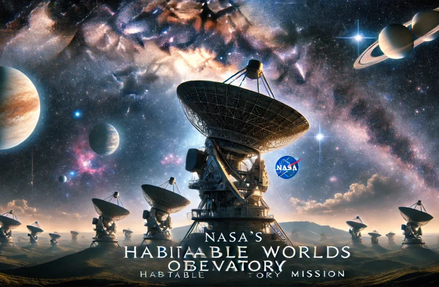 NASA's Habitable Worlds Observatory in space, with the mission title 'NASA's Habitable Worlds Observatory Mission' prominently displayed. The observatory is depicted scanning distant stars and exoplanets in a vast galaxy, symbolizing the search for extraterrestrial life