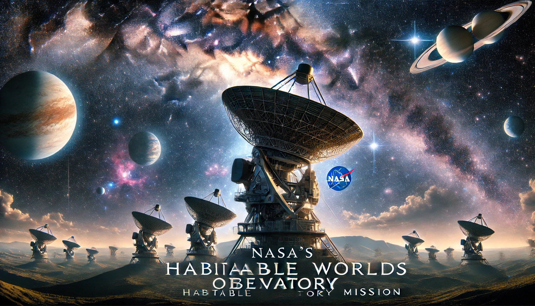 NASA's Habitable Worlds Observatory in space, with the mission title 'NASA's Habitable Worlds Observatory Mission' prominently displayed. The observatory is depicted scanning distant stars and exoplanets in a vast galaxy, symbolizing the search for extraterrestrial life