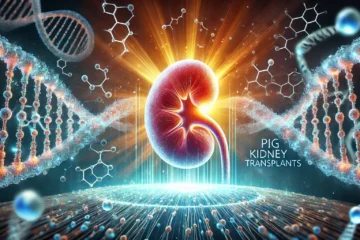 An artistic representation of a glowing kidney with DNA strands in the background, highlighting advances in organ transplantation and genetic engineering, with the text 'Pig Kidney Transplants' displayed