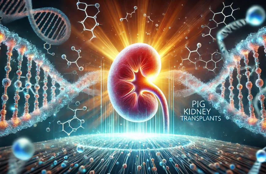 An artistic representation of a glowing kidney with DNA strands in the background, highlighting advances in organ transplantation and genetic engineering, with the text 'Pig Kidney Transplants' displayed