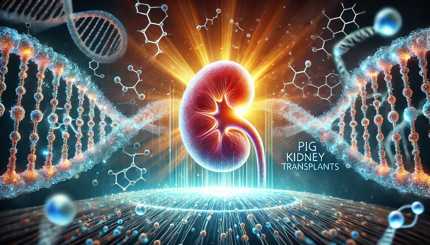 An artistic representation of a glowing kidney with DNA strands in the background, highlighting advances in organ transplantation and genetic engineering, with the text 'Pig Kidney Transplants' displayed