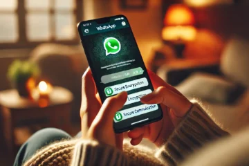 A person using WhatsApp on their smartphone, with a focus on the app's privacy and encryption features for secure communication." in landscape