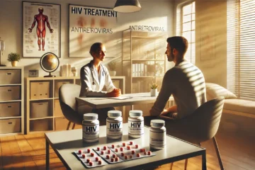 A healthcare provider discusses HIV treatment options with a patient in a modern clinic. The table features antiretroviral medications, symbolizing effective HIV management.