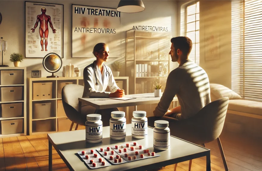 A healthcare provider discusses HIV treatment options with a patient in a modern clinic. The table features antiretroviral medications, symbolizing effective HIV management.