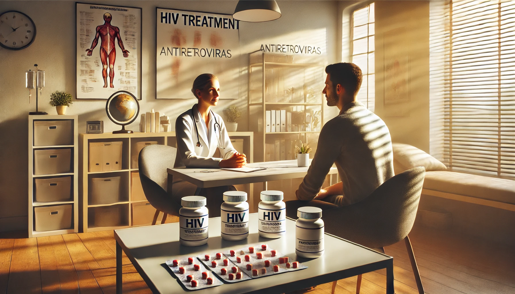 A healthcare provider discusses HIV treatment options with a patient in a modern clinic. The table features antiretroviral medications, symbolizing effective HIV management.